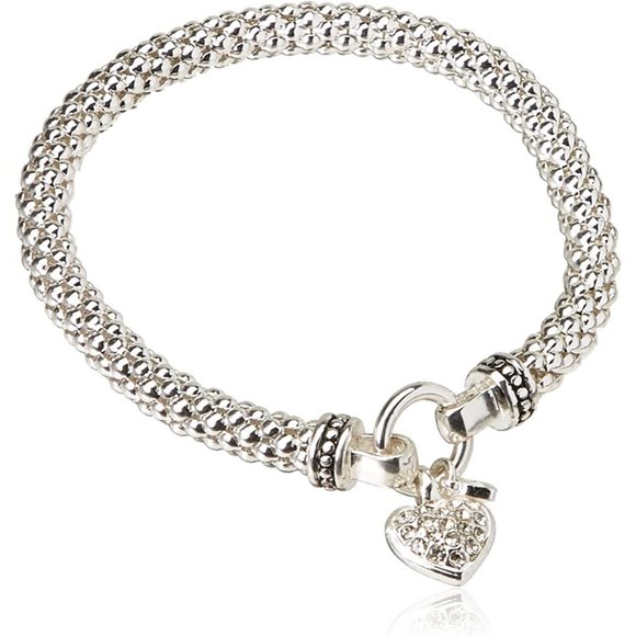 New NINE WEST Women's Silvertone Crystal Pave Heart Stretch Bracelet - Picture 1 of 5